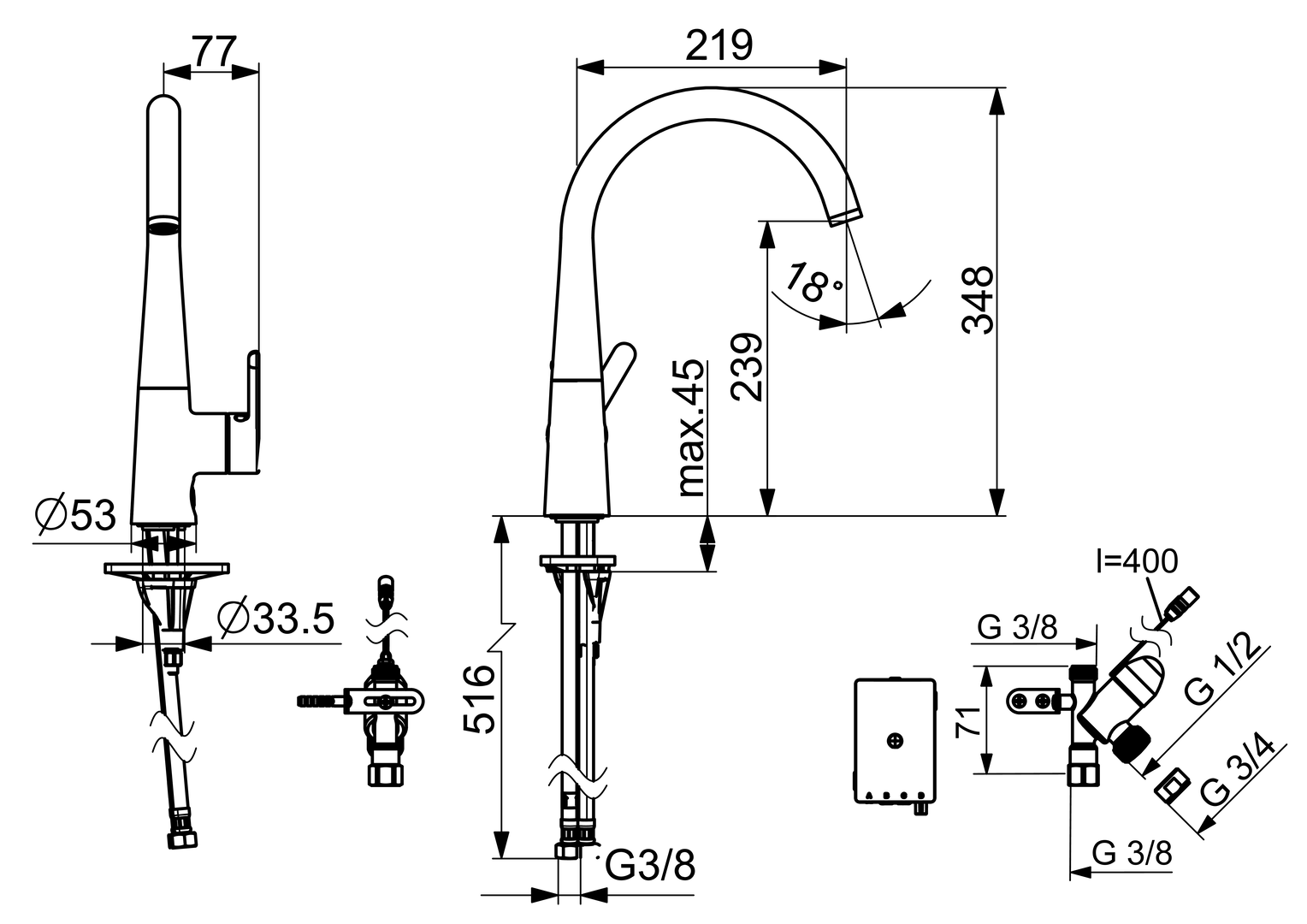 Kitchen faucet with dishwasher valve, 3 V, 3035F-33, #color_Matt black